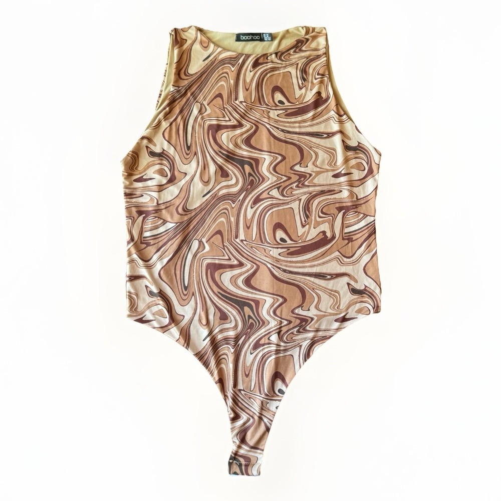 BOOHOO BodySuit Womens 10 Brown MARBLE DOUBLE LAYER RACER NECK Tank Arsty Comfy